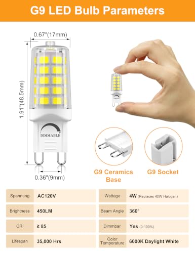 Image of BAOMING 24-Pk G9 LED 4W, 6000K Daylight, Dimmable Ceramic Base Bulb, 450LM | 24-Pk 4W G9 LED, 40W Equiv, 450LM, Smooth Dimming, Flicker-Free, Ceramic Base for Heat Resistance, Chandelier & Sconce
