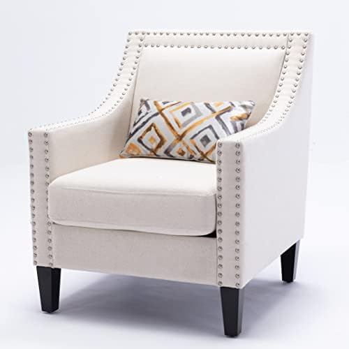 Linen Armchair with Nailheads and Wood Legs, Modern Accent Chair Upholstered Reading Chair, Sofa Side Chair, Lounge Chair for Living Room Bedroom, Home, Office (Beige)