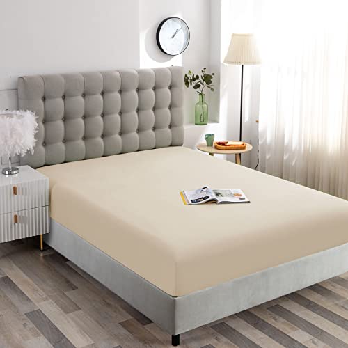 Image of Ghooss Beige Full Fitted Sheet-Soft Microfiber Bottom Sheet for Bed-Deep Pocket up to 14 Inche-Wrinkle Free and Stay in Place-1 Pack
