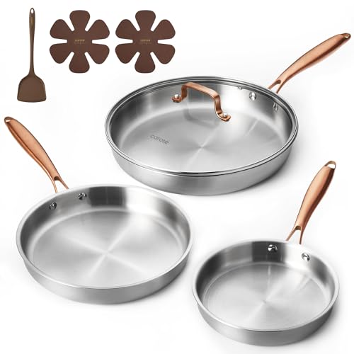 Image of CAROTE 7-Piece Tri-Ply Stainless Steel Frying Pan Set, Skillet Set 8 inch /10 inch /12 inch, Induction Compatible, Oven & Dishwasher Safe, Gold Handle