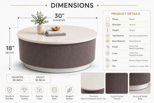 Image of WOODEN SPACE Round Marble-Top Wooden Center Table for Living Room | Modern Entryway Furniture | Coffee Table - 30X30X18 Inch (Light Grey)