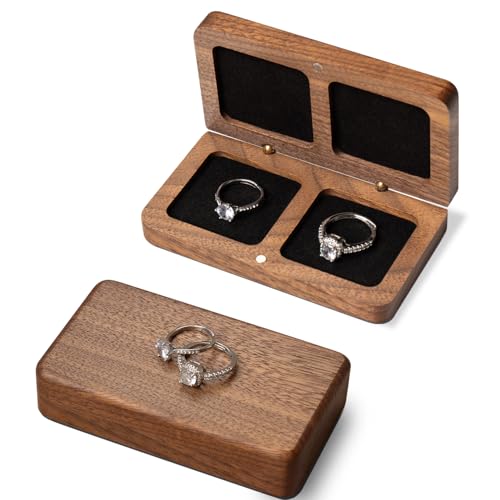 Wislist Ring Box for Wedding Ceremony Slim 2 Rings Case Blank DIY Engagement Gift Wooden Ring Bearer Box for Fiance Keepsake(Walnut Wood)