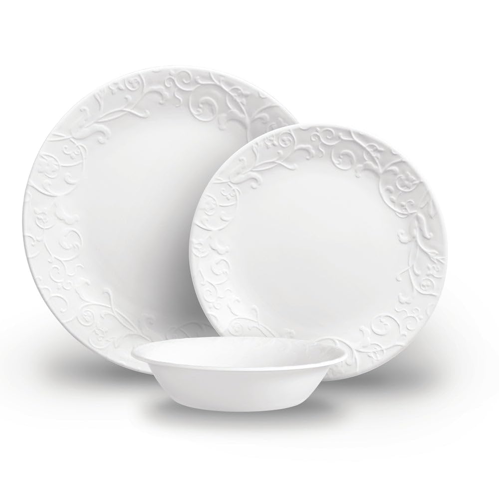 Corelle Bella Faenza zastawa stołowa dla 12 osób, z wyjątkowego, potrójnego tłoczonego szkła Vitrelle™, nadaje się do piekarnika 175°C, nadaje się do kuchenki mikrofalowej, zamrażarki i mycia w