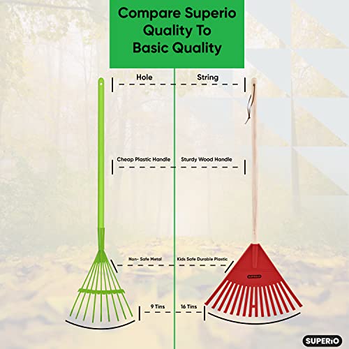 Image of Superio Kids Leaf Rake, 34-Inch Lawn & Garden Rake with Hardwood Handle and Durable Plastic Head, Leaf Cleanup Tool, Red 1 Pack