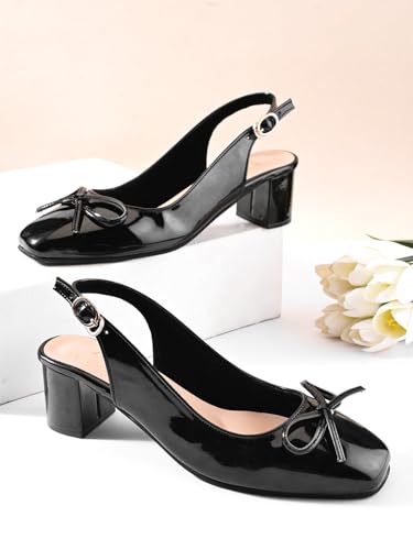 Image of XE Looks Women's Glossy Slingback Heels | Elegant Bow Design | Comfortable Square Toe Sandals for Girls & Women