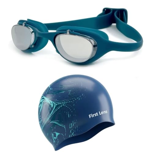 Image of First Lens Swimming Combo Kit Set, AntiFog Swim Goggles with Swim Cap for Womens Hairs & Mens Short Hair - Aquawave Cap & Blue Goggle