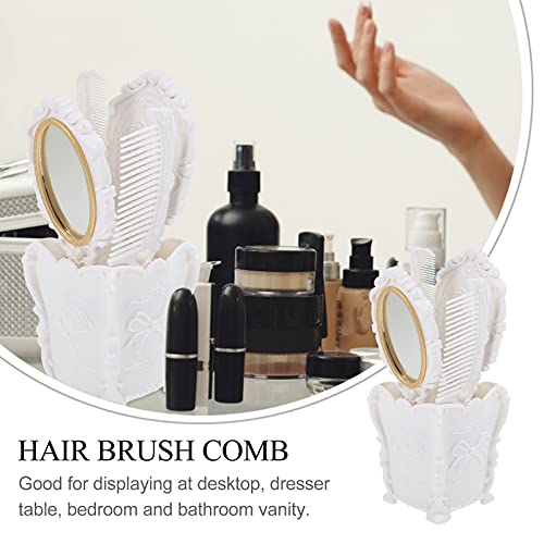 Lurrose Vintage Handheld Mirror Comb Set, 5Pcs Vanity Makeup Mirror Hair Brushes Comb Set Detangling Hair Brush Rat Tail Comb With Comb Holder ( White ) #TOP7