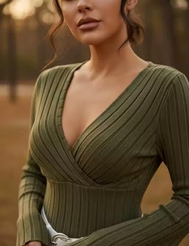 Image of Women Ribbed Knit V-Neck Wrap Top | Long Flare Sleeve Slim Fit Stylish Blouse for Casual