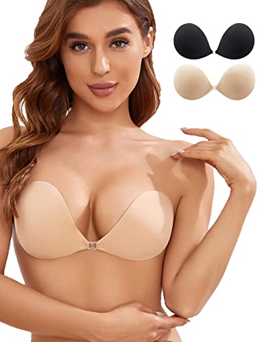 DEPOVOR Strapless Adhesive Bra Push Up Sticky Bra Invisible Backless Stick On Bras for Women Black-Nude