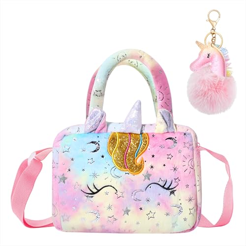 Sac à Bandoulière Fille, Mignonnes Sac à bandoulière en Peluche Tie-dye Sac à Main et Épaule avec Porte-clés Pom pour les Cadeaux de Faveurs de Filles...