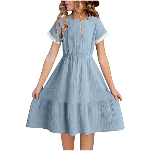 Girls Casual Dress Short Sleeve Crewneck Boho Sundress Flowy a Line Ruffle Dresses Tween Girl Fashion Size 4-14 Years2