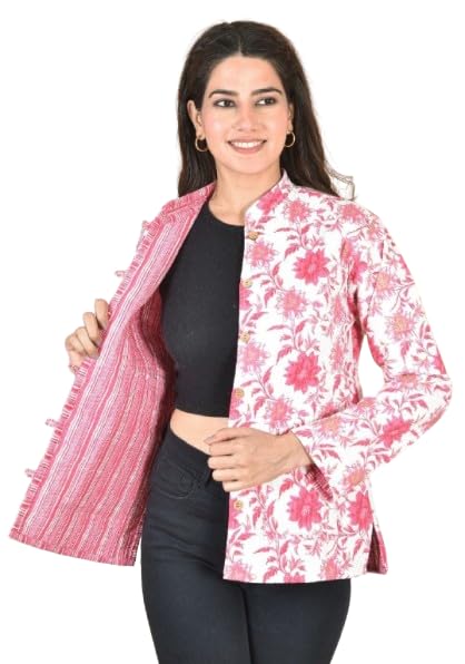 khwaishein Women's Reversible Quilted Cotton Jacket with Beautiful Floral Prints | Lightweight Full-Sleeve Design | Stylish Dual-Pattern Open Front Coat Qulited Jacket For Women & Girls-picture-18