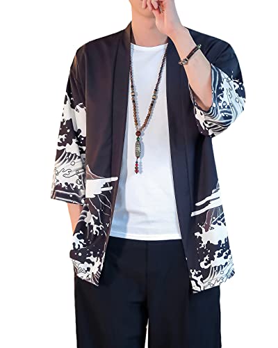 PRIJOUHE Men's Lightweight Kimono Jacket Seven Sleeve Open Front Cardigan Coat Japanese Style Bathrobe