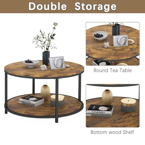 Image of NSdirect Round Coffee Table, 27.6 inch Small Coffee Table for Living Room,2-Tier Rustic Wood Desktop with Storage Shelf Modern Design Home Furniture(Brown)