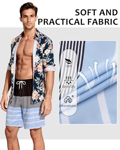 Image of Mens Swim Trunks with Compression Liner 2 in 1 Quick Dry Swimming Shorts Swimwear Bathing Suits with Pockets, 9 inch-Blue Stripe,XL