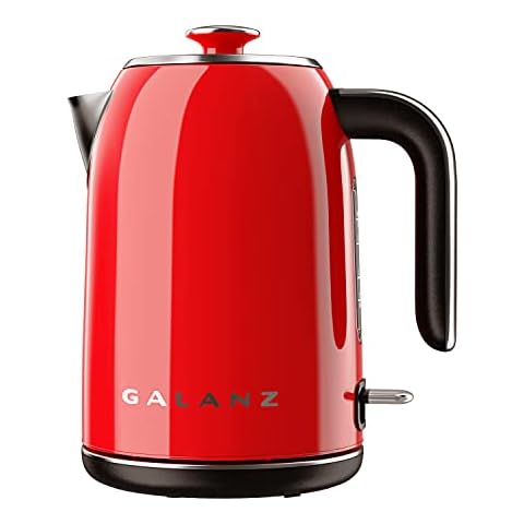 Galanz Retro Electric Kettle with Heat Resistant Handle and Cordless Pour, Quick Hot Water Boil, Boil-Dry Protection, Automatic Shut-Off, 1.7 L, Red Cover