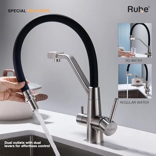 Image of Ruhe Wind Kitchen Sink Mixer Tap with RO Water Supply | Hot & Cold Dual Water | Flexible Silicon Spout | 360 Swivel | Table Mounted Faucet | 304-Grade Stainless Steel Kitchen Faucet
