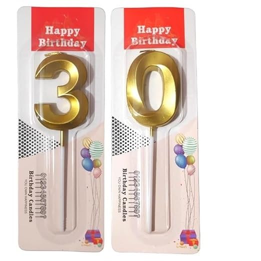 Image of ToyUniverse Number 30 Metallic Gold Candle for Thirtieth Birthday, Anniversary, Surprise Party Cake Decoration (Pack of 2)