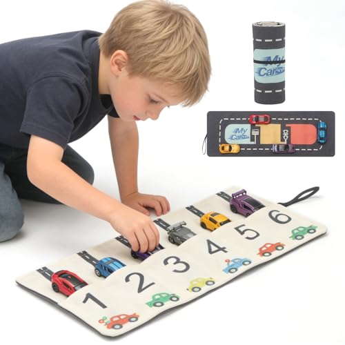 Portable Toy Car Storage Roll and Playmat - Travel Car Carrier Organizer Case for 6 Small Cars Compatible with Hot Wheels & Matchbox,Toddler Quiet Play Activity Mat for Airplane, Restaurant(ONLY CASE)