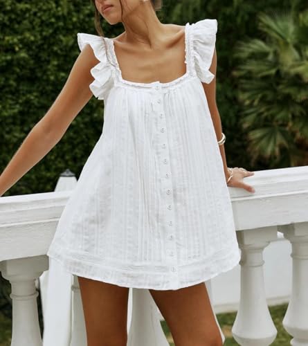 Women Lace Trim Mini Cami Dress Spaghetti Strap Square Neck Short Dress Boho Loose Flowy Backless Babydoll Dresses3