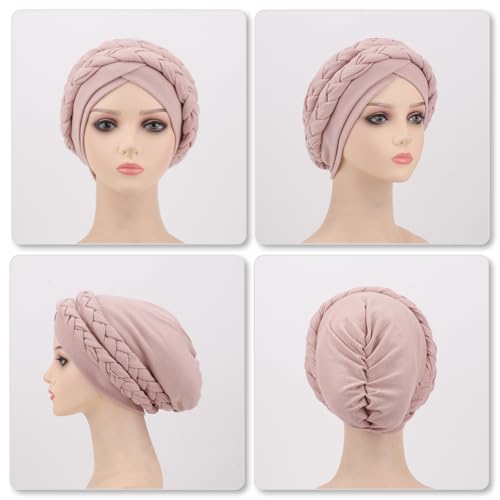 Image of DRESHOW African Women Turban Caps Cotton Beanie Twist Headscarf Pre-Tied Double Twisted Braids Wrap Hat Chemo Cancer Cap