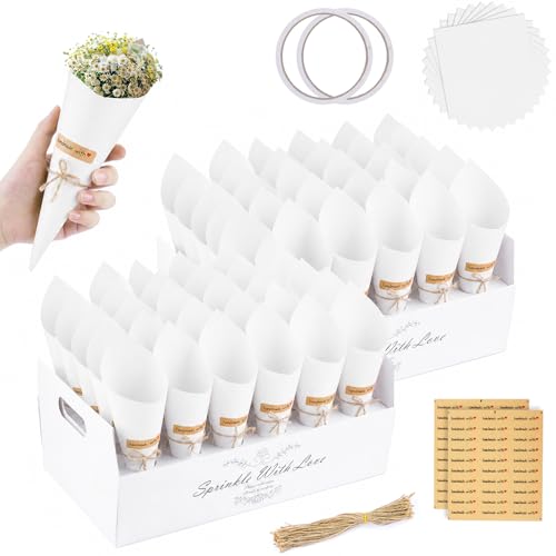 KORVORIA 60 Pcs Cornet Confettis Mariage Blanc avec Support, Kit Cône en Papier DIY pour Sortie Église, Décoration Table Élégante, Idéal pour Pétales...
