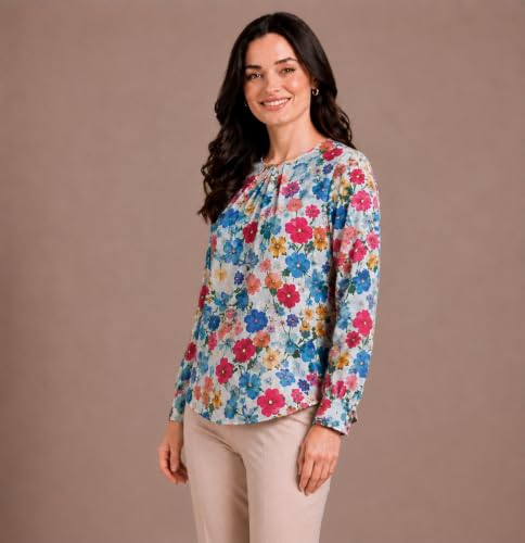 Image of Mirana Women's Full Sleeve Solid Top | Round Neck Pleated Front Regular Fit Office Casual Blouse with Button Cuffs