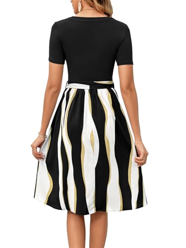 Women's Elegant Vintage Round Neck Short Sleeve Summer Casual Work Party A-Line Dress with Belt 8092