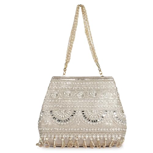 Image of Nevis Stylish Embroidery Unique Design Traditional Wedding Party Handheld Potli Bag For Women (GOLD)