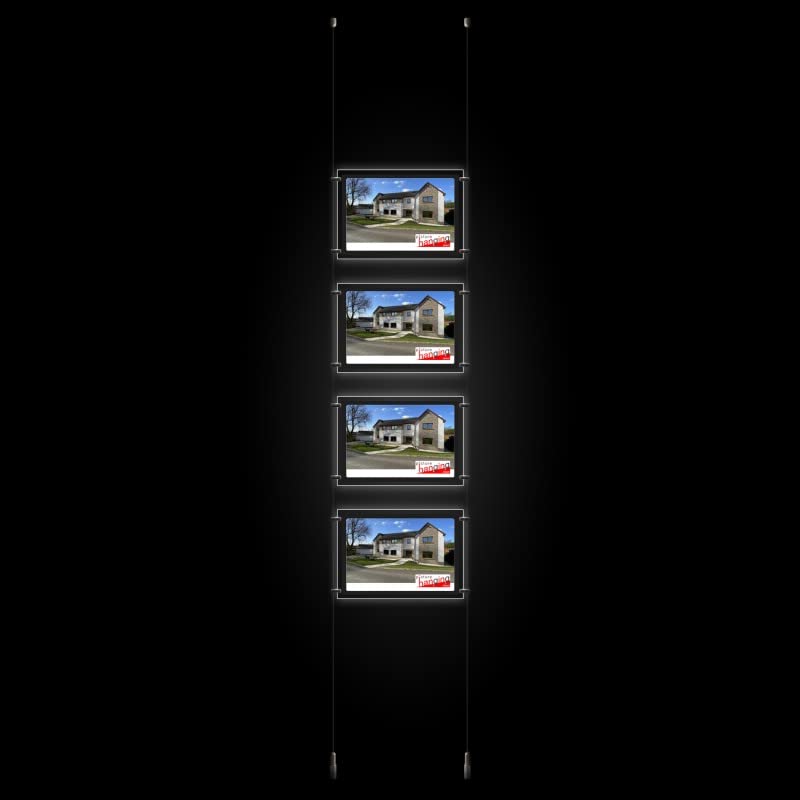 Double Sided A4 Landscape LED Window Light Pocket Light Panel Estate Agent Cable Wire Steel Rope kit Ceiling to Floor with Easy Access LED Pocket Cable Display System (Kit with 1 Pocket)