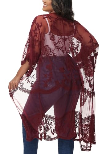 Image of Anna-Kaci Women's Plus Size Lace Cardigan Embroidered Long Kimono Dusters with Half Sleeves