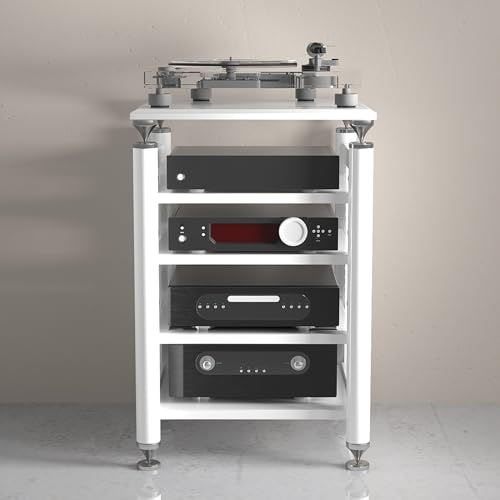 Gabinete estéreo de audio blanco – Soporte multimedia AV y torre de almacenamiento de DVD, estante esquinero de TV para cine en casa, 62 x 57 x 100 cm, elegante solución de estantería de audio y vídeo