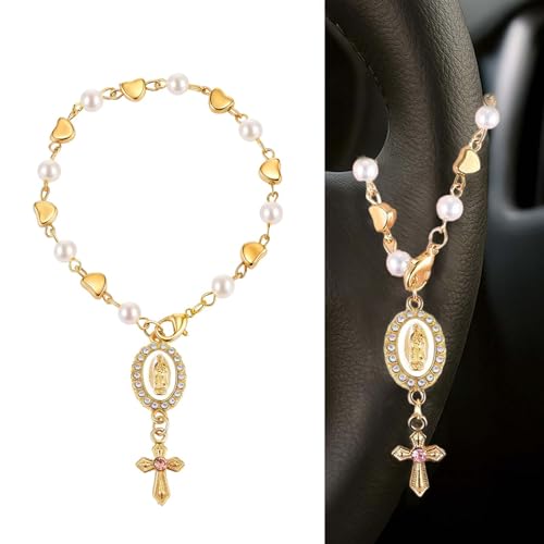 Aeltinix Steering Wheel Rosary Charm, Steering Wheel Accessory with Virgin Mary Charm & Cross, Pearl Heart Chain Catholic Car Interior Hanging Decor (Pink2)