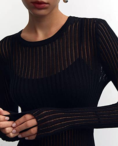 Image of KAMISSY Women See Through Crew Neck Sheer Mesh Knitted Sweater Solid Basic Long Sleeve Loose Fit Knit Pullover Jumper Top