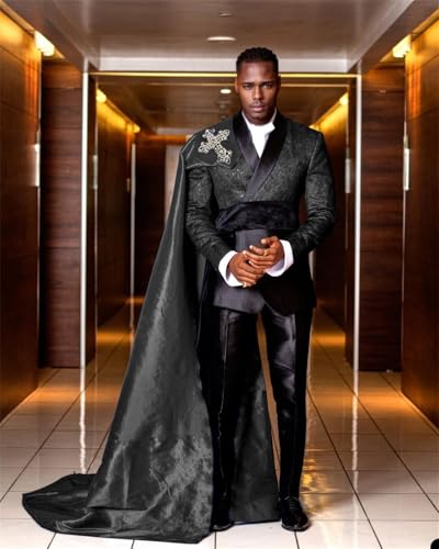 3 Piece Slim Fit Prom Suits for Men Floral Blazer Pants Detachable Satin Capes Shawl Collar Tuxedo Set2