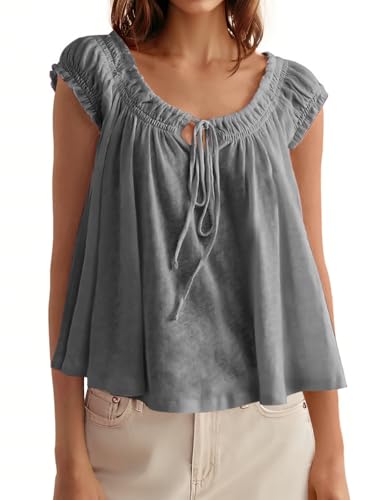 Image of Tankaneo Women Summer Tie Front Tank Tops Cap Sleeve Pleated Babydoll Tops Casual Loose Fit Going Out Flowy Shirt