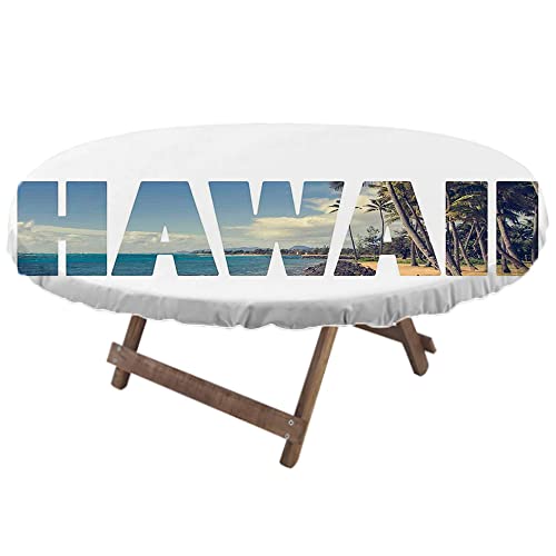 Hawaiian Oval Fitted Tablecloth, Word Hawaii With Tropical Island Photo Exotic Popular Places Palm Forest By Ocean, For Kitchen Dining, Party, Holiday, Christmas, Fits 48" X 72" Table, Blue White #TOP1