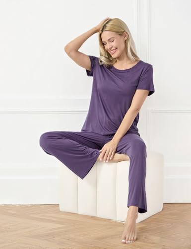 Image of GYS Bamboo-derived Viscose Women's Pajamas Set Short Sleeve Top With Pants 2-Piece Sleep Set