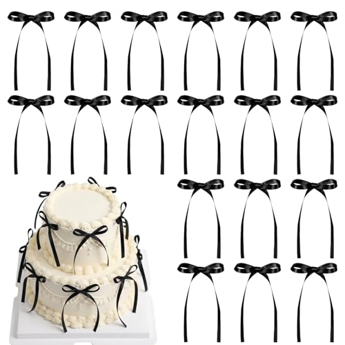 36 PCS Bow Cake Toppers Bow Cupcake Toppers Black Ribbon Bows for Cake Coquette Birthday Decor for Graduation and Bachelorette Events Wedding Dessert Tables Balloons and Walls
