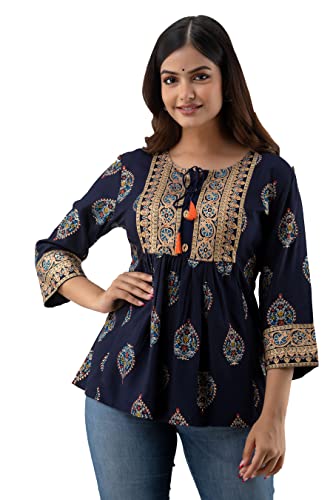 Image of DMP FASHION Women's Rayon Classic Printed Boota Top with Beautiful Tassels and Buttons at Front Black