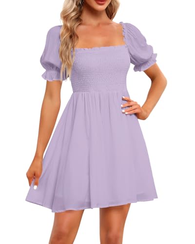 Holipick Women's Casual Square Neck Smocked Dress Shirred Ruffle Puff Sleeve High Waist Cute Flowy A-Line Short Dress