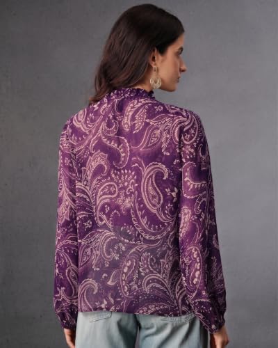 Image of Women Georgette Regular Fit Shirt ||Women Top || Cecily Paisley-Trim Button-Front Shirt (S-01-04)