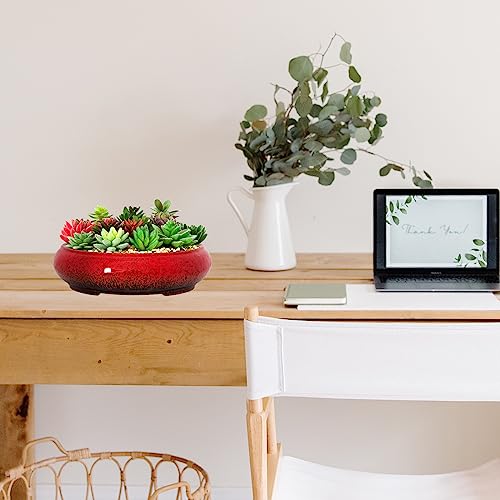 ARTKETTY Succulent Pots - 11.5 Inch Ceramic Bonsai Pots with Drainage, Large Shallow Succulent Planters for Indoor Outdoor Plants, Round Glazed Cactus Flower Plant Container Bowl Home Desk Decor(Red) by ARTKETTY - Image 5