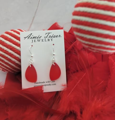 Gorgeous Sunset Love Red Recycled Sea Glass Earrings with Handmade Silver Knot on Sterling Silver Hooks, Beautfiul Gift, by Aimee Tresor Jewelry2