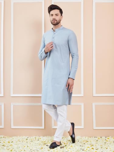 Image of See Designs Men Full Sleeve Sleeve Side Slit Mandarin Collar Cotton Solid Straight Kurta with Pyjama
