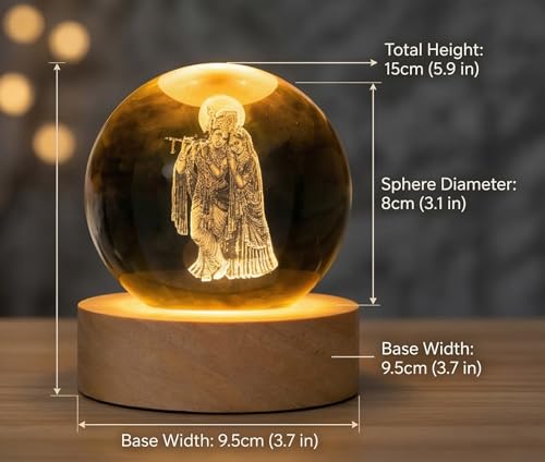 Image of 3D Crystal Radha Krishna Lamp LED Light Base with Laser Engraved Divine Idol in Glass Spiritual Night Light for Home, Temple, Office Hindu God Gift for Pooja, Festivals & Decor