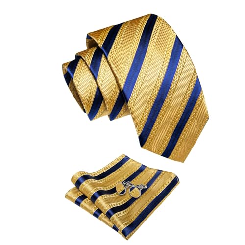 Image of YourTies Striped Ties for Men Classic Woven Silk Necktie with Handkerchief Cufflinks Set Formal Business Party Wedding