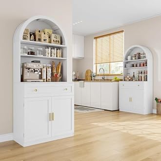 Neoriver 71" Tall Arched Kitchen Pantry Cabinet, Modern Kitchen Storage Cabinets with Hidden Drawer and Spacious Countertop, Wooden Storage Pantry Cabinet for Living Room, Dining Room, White