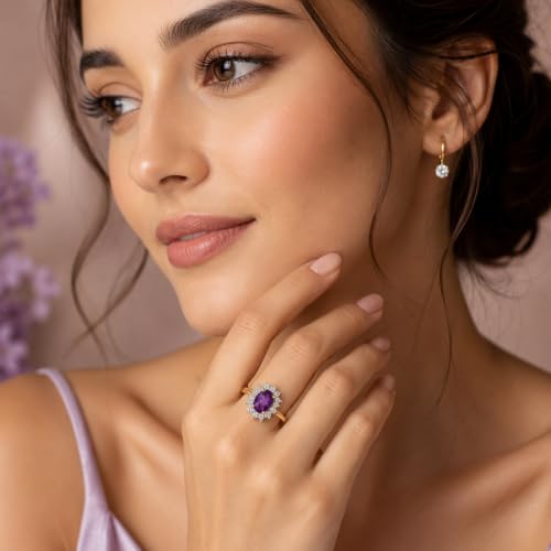 Image of Princess Diana Inspired Halo Birthstone Ring for Women Girls | Pure 925 Sterling Silver with AAA+ Natural Gemstone | 18K Gold-Plated | Best Gift for Birthday, Anniversary, or Valentine�s Day