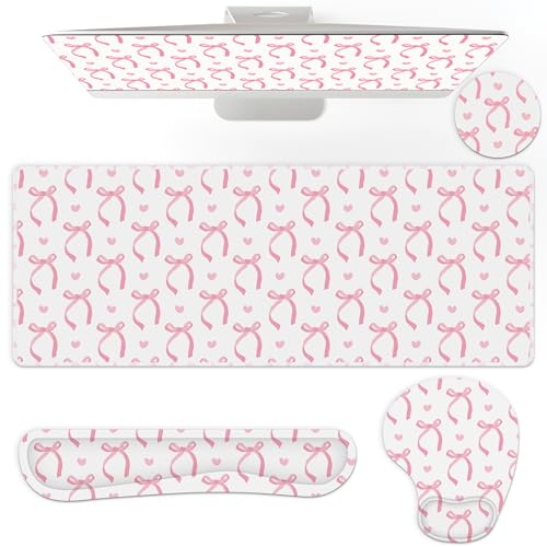 AmazingSpark Juego de 4 alfombrillas de mouse con lazo rosa coquette para escritorio + alfombrilla para mouse con reposamuñecas + reposamuñecas para teclado + posavasos de diseño ergonómico para mesa